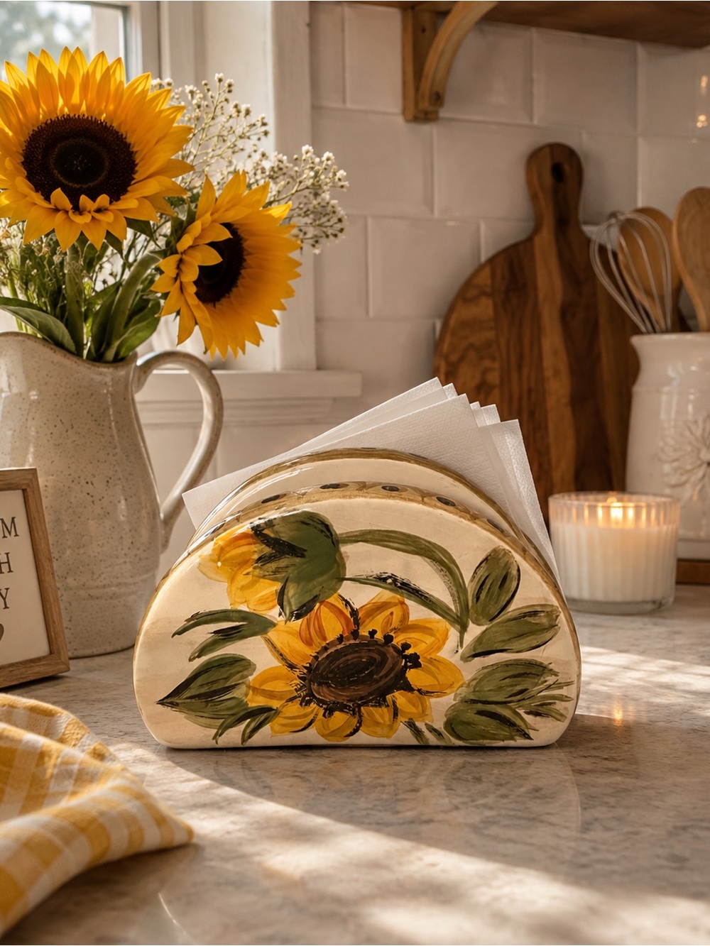 Hand-Painted Sunflower Ceramic Napkin Holder - Beige